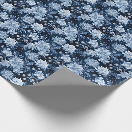 Blauwe Kerst Winter bloemen Cadeaupapier (Hoek)