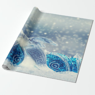 Blauwe Kerstballen Sneeuw Cadeaupapier