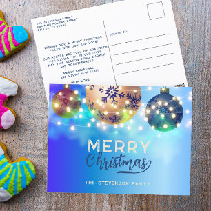 Blauwe kerstballen Twinkling String Lights Feestdagenkaart