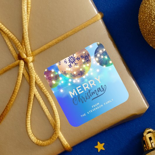 Blauwe kerstballen Twinkling String Lights Vierkante Sticker