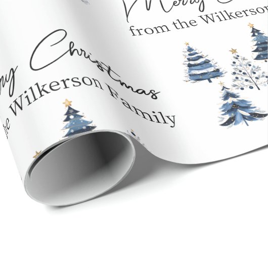 Blauwe kerstbomen aangepaste naam cadeaupapier (Rol Hoek)