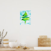 Blauwe kerstboom abstract waterverf Poster (Keuken)