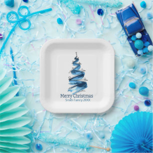 Blauwe kerstboom aquarel papieren bordje