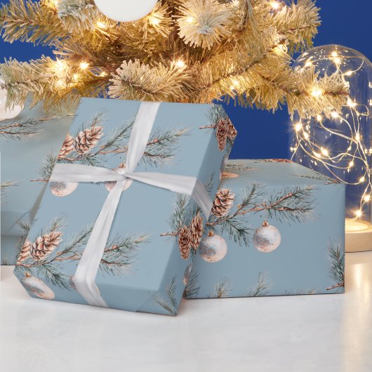 Blauwe Kerstboom Dennenkegels Versiering Cadeaupapier (Feestdagen)