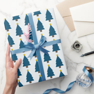 Blauwe Kerstboom en Gouden Ster Cadeaupapier