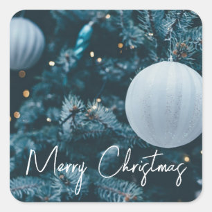 Blauwe kerstboom en kerstballen vierkante sticker