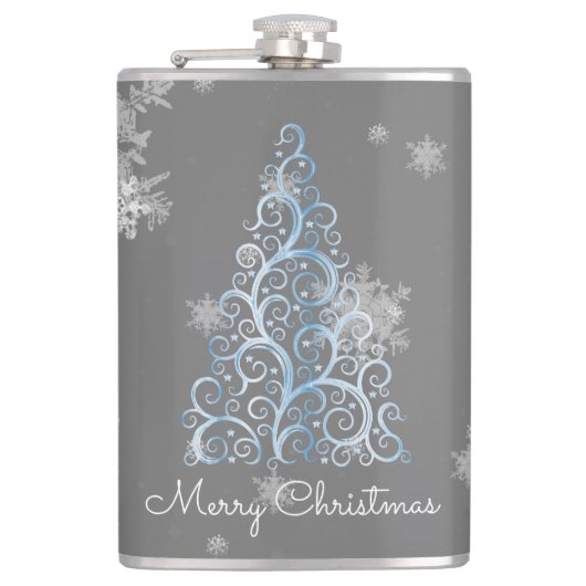 Blauwe kerstboom en Snowflakes fles Heupfles (Voorkant)