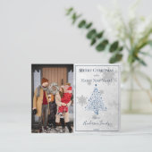 Blauwe Kerstboom foto Platte vakantie fotokaart Feestdagenkaart (Staand voorkant)