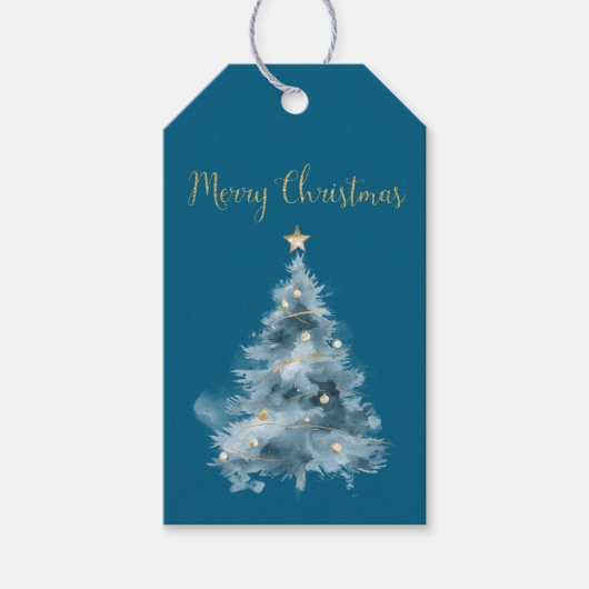 Blauwe Kerstboom Gouden Ster Glitter Kerstmis Cadeaulabel (Voorkant)