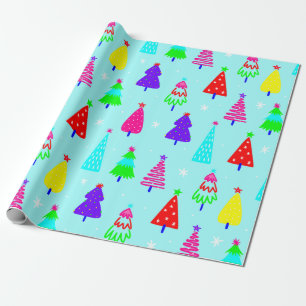 blauwe kerstboom kleurrijke pop kunst cadeaupapier