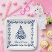 Blauwe kerstboom Uw achtergrond en tekst Papieren Bordje (Feest)