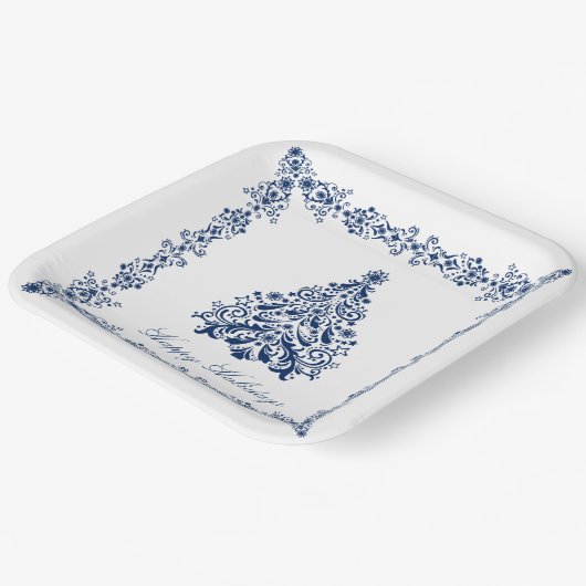 Blauwe kerstboom Uw achtergrond en tekst Papieren Bordje (Gebogen)