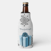 Blauwe kerstcadeaufles flesjeskoeler (Fles Voorkant)