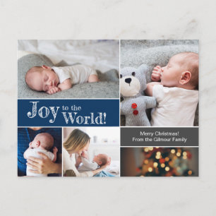 Blauwe kerstfeest Baby Joy aan de wereld Foto coll Briefkaart