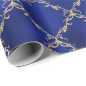 Blauwe kerstfeestdag Gold Glitter Damask Gift Cadeaupapier (Rol Hoek)