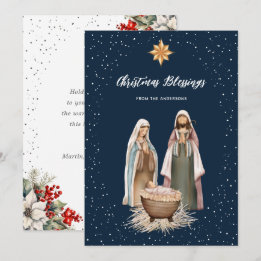 Blauwe kerstkaart met kerststal Botanische christe