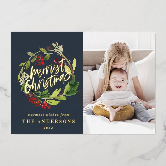 Blauwe Kerstmis, botanische elegante moderne foto Folie Feestdagenkaart (Voorkant)