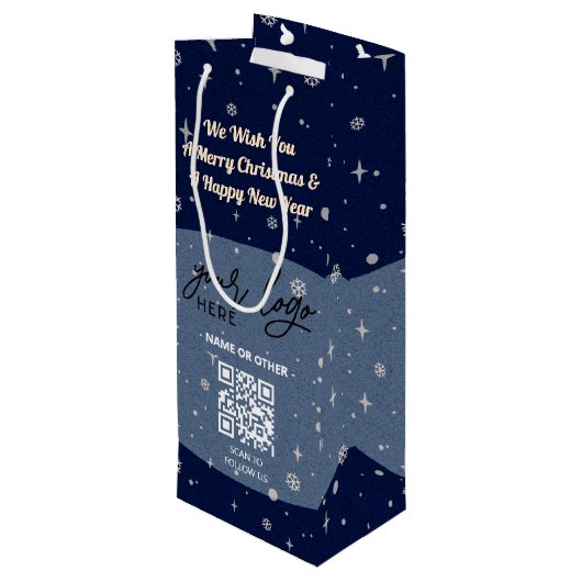 Blauwe kerstmis Business Logo QR Snowflake Wijn Cadeautas (Achterkant Gekanteld)