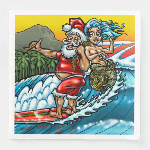 Blauwe Kerstmis Hawaiian Surfing Santa Illustratio Servetten
