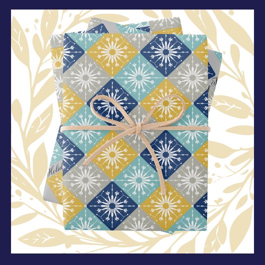 Blauwe kerstsnowflakes inpakpapier vel