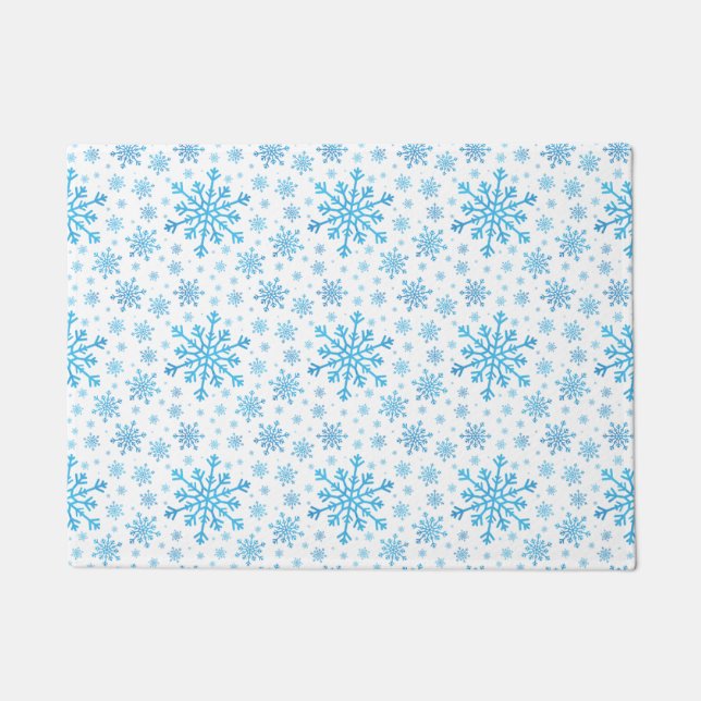  blauwe kerstsnowflakes op winterwit deurmat (Voorkant)