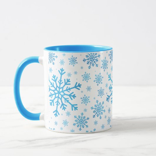  blauwe kerstsnowflakes op winterwit mok (Links)