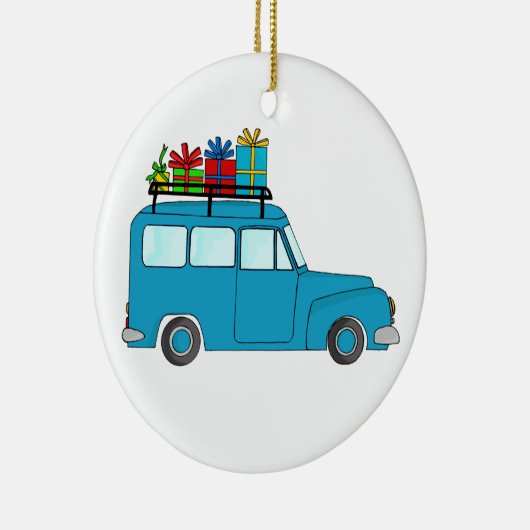 Blauwe kersttruck met geschenken keramisch ornament (Rechts)