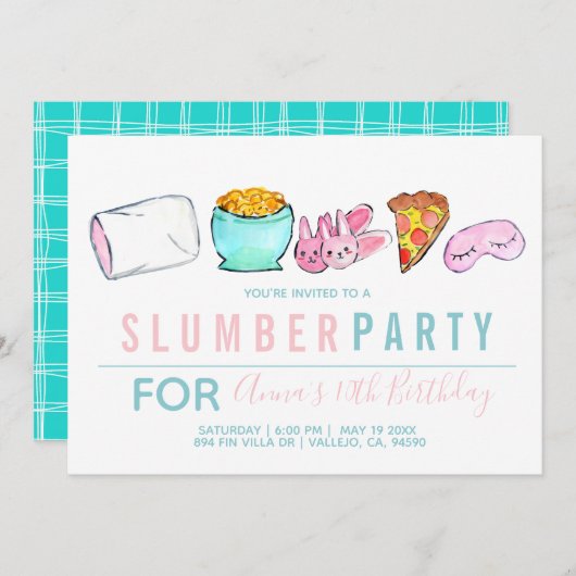 Blauwe kind sleepover slumpartij uitnodiging (Voorkant / Achterkant)