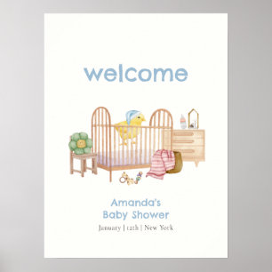 Blauwe kinderkamer speelgoed kip baby shower welko poster