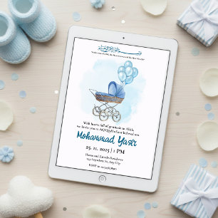 Blauwe kinderwagen ballon aqiqah moslim baby jonge kaart