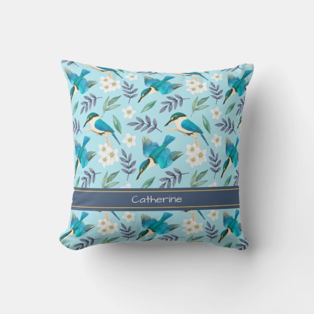 Blauwe  Kingfisher Birds Floral Pattern Name Kussen (Voorkant)