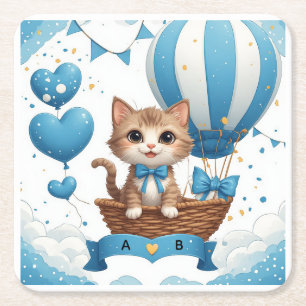 Blauwe Kitten Baby Shower Wensen 🐱 Vierkante Kartonnen Onderzetter