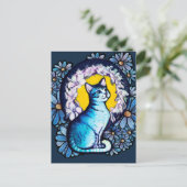 Blauwe Kitty Kat Halo Mucha Stijl Bloemen Briefkaart (Staand voorkant)