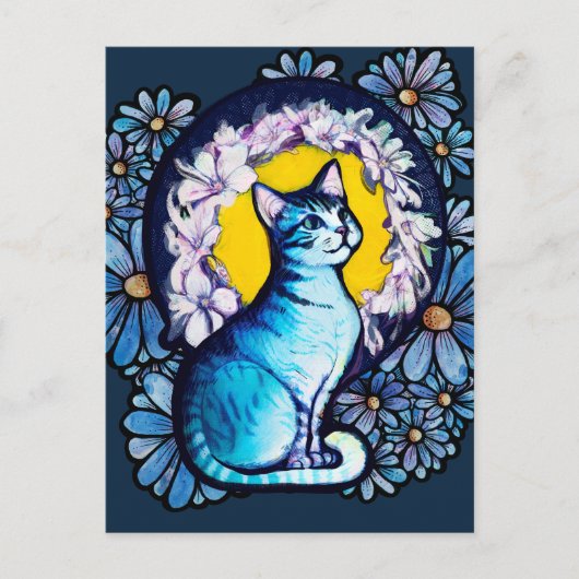 Blauwe Kitty Kat Halo Mucha Stijl Bloemen Briefkaart (Voorkant)
