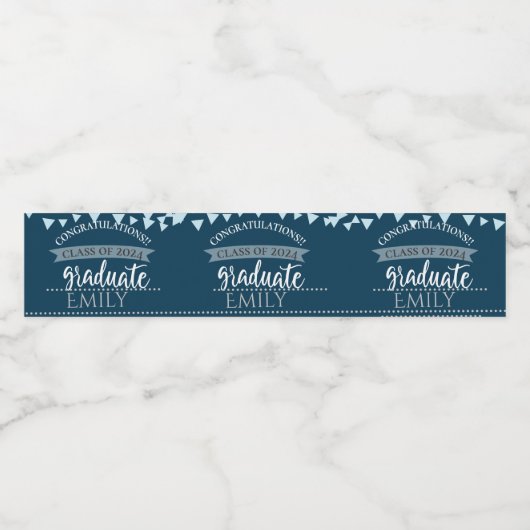 Blauwe Klasse van 2024 Gefeliciteerd Afstuderen Waterfles Etiket (Enkel label)