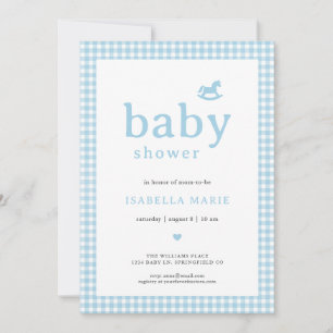 Blauwe Klassieke Gingham Baby Shower Uitnodiging