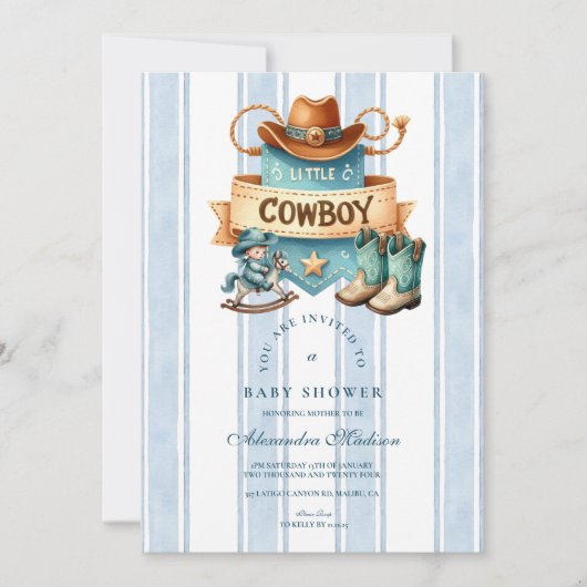 Blauwe Kleine Cowboy Moderne Westerse Baby Shower Kaart (Voorkant)