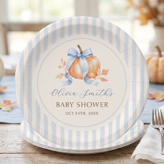 Blauwe Kleine Pompoen Herfst Baby Shower Papieren Bordje
