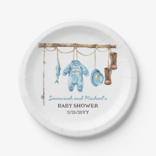 Blauwe Kleine Visser Baby Shower Papieren Bordje