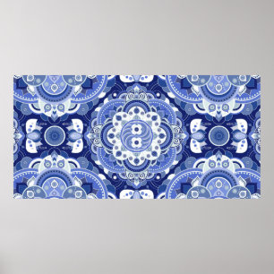 Blauwe kleuren vintage geometrisch patroon. Licht Poster