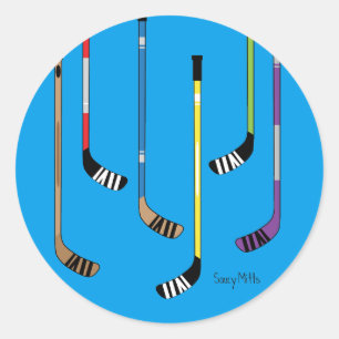 Blauwe kleurrijke ockey-sticks ronde sticker