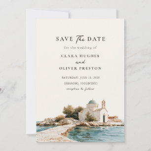 Blauwe Koepel Kapel Grieks Eiland Trouwen aan Zee Save The Date
