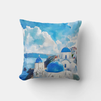 Blauwe koepels van Santorini - Waterverf kunst Kussen