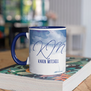 Blauwe koffie Mok Monogrammed Waterverf Bluish