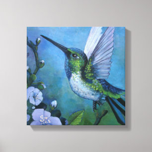Blauwe Kolibrie Muurkunst zachte bloemen Kleur Pop Canvas Afdruk