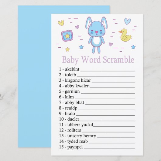 Blauwe Konijn Baby anagram spel (Voorkant / Achterkant)