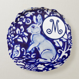 Blauwe konijnenvogel Florence Monogram Elegant Rond Kussen
