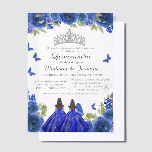 Blauwe koninklijke bloemenvlinder tweeling quincea vellum uitnodigingen (Offset)