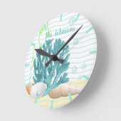 Blauwe koraal, zeeschelpen en blauwe parels ronde klok (Hoek)