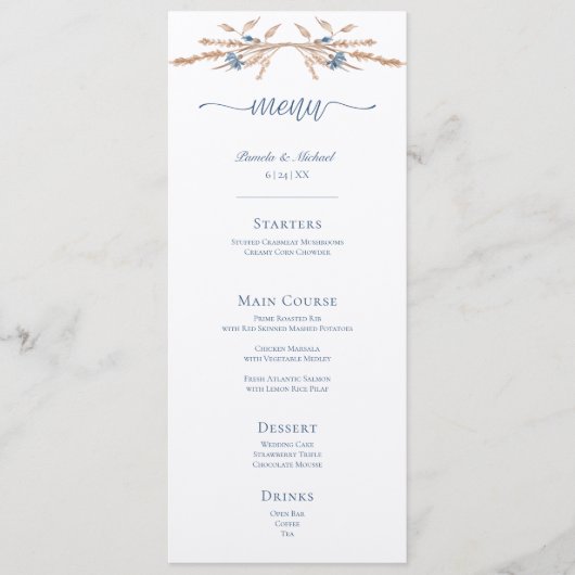 Blauwe korenbloemen en tarwe moderne crème bruilof menu (Voorkant)